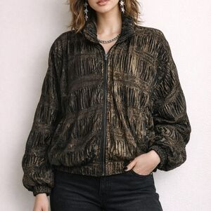 VTG JUST FOR YOU Glam Rock Two-Tone Gunmetal Metallic Ruched Swishy Jacket